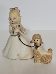 Vtg Ceramic Girl Walking A Poodle Figurine