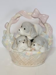 Vtg Puppies In A Basket Porcelain Figurine