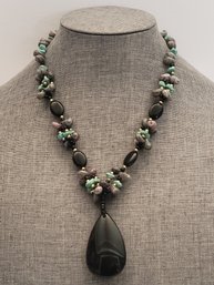 Handcrafted Onyx Turquoise And Shells Necklace
