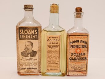 3 Antique Labeled Glass Bottles Liniment And Cleaner