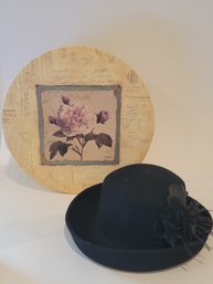 Vtg Style Floral Hat Box And 100% Wool Black Hat