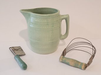 Vtg Green Barrell Stoneware Pitcher And Vtg Cutter Utensils