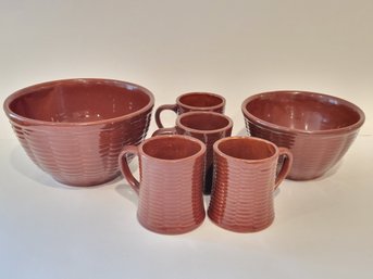 Vtg Brown Glazed Ribbed Stoneware Cups And Bowls