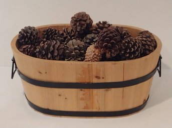 Decorative Wooden Bucket With Metal Trim And Pinecones