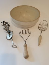 Vtg Stoneware Crock Bowl And Kitchen Utensils