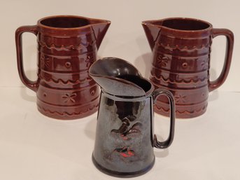 2 Vtg Marquest Stoneware Pitchers And A Redware Pitcher