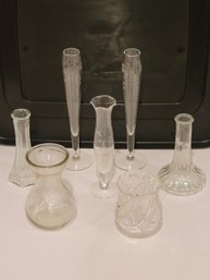 7 Vtg Clear Glass Vases And Bud Vases