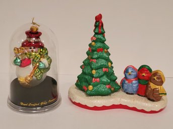 Handpainted Ceramic Christmas Tree Figurine And Handcrafted Glass Snowman Ornament