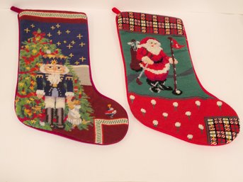 2 Vtg Handmade Needlepoint Christmas Stockings