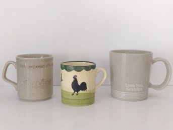 3 Grey And Colored Mugs