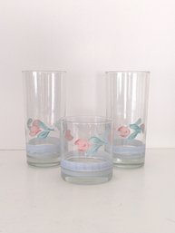 3 Capri International Floral Tumblers With Blue Stripe