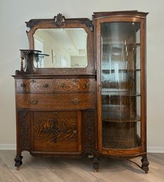 Antique Wooden Side By Side China Cabinet And Buffet