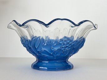 Vtg Blue Glass Summer Fruit Footed Bowl