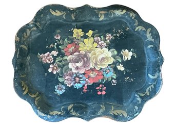 Vtg Black Hand Painted Floral Tray