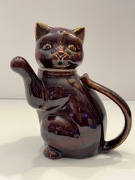 Vtg Brown Glazed Ceramic Cat Teapot