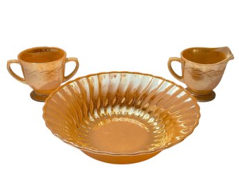 Vtg Anchor Hocking Fire King Peach Lustre Bowl Creamer And Sugar