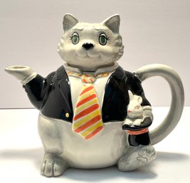 Vtg Hand Painted Magician Cat Ceramic Teapot