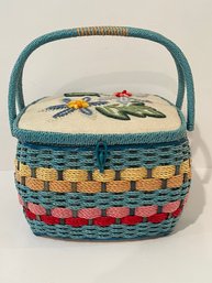 Vtg JC Penny Wicker Embroidered Sewing Basket