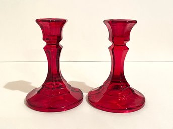 Vtg Ruby Red Glass Candlestick Holders