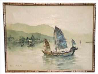 Vtg Chinese Nautical Framed Oil Painting Signed