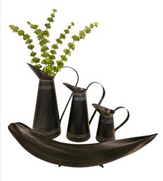 Large Metal Pitcher Decor Set And Wooden Bowl