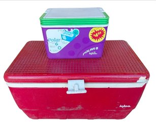2 Igloo Coolers Large Red And Small Purple