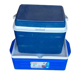2 Coolers Blue Coleman Stacker And Blue Rubbermaid
