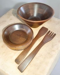 Vermillion Walnut Wood Serving Bowl, Utensils And Salad Bowls X4