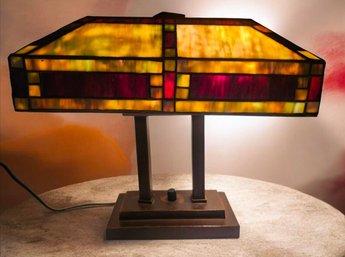 Meyda Tiffany Style Oblong Table Lamp Featuring A Geometric Stained-glass Shade