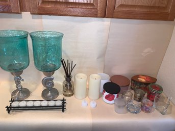 Ocean Blue Glass Hurricane Pillar Candle Holder And Votive Lot