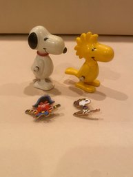 2 Vintage Snoopy Wind Up Toys And 2 Pins