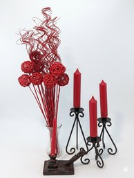 Red Decor Lot Candle Holders And Vase