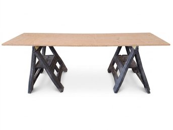 2 Stanley Adjustable Sawhorses And Wooden Plank