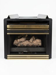 Gas Fireplace With Black Metal Frame And Brass Colored Trim