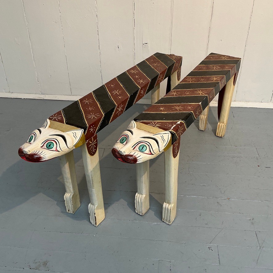 #008 Pair Of Vintage 1950's Indonesian Tiger Hand Painted Carved Motif ...