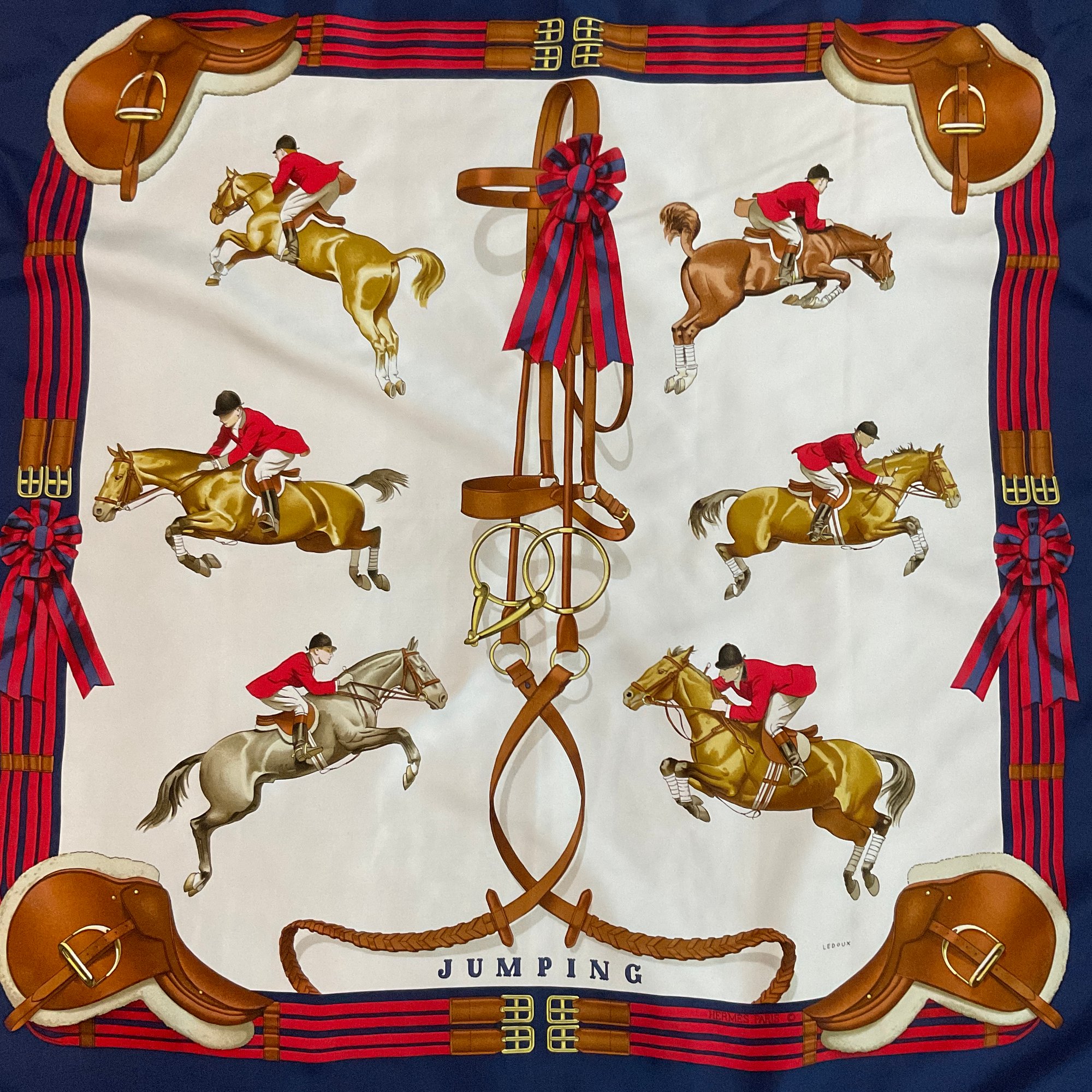 180 Vintage Hermes Jumping By Phillipe Ledoux Print Silk Scarf