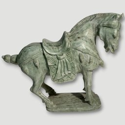 #312 Vintage Hand-Carved Chinese Saddled War Horse Sculpture 7.5'