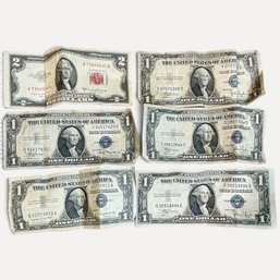 #312 Set Of Six (6) Vintage US Notes, One (1) Red Seal $2 Note And Five (5) Blue Seal  $1 Silver Certificates