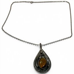 #356 Vintage Sterling Silver Necklace With Sterling Teardrop Amber Pendant 10.93g 18'