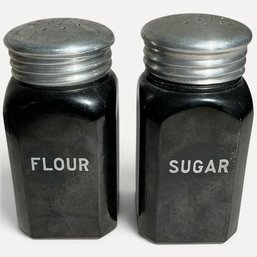 #320 Vintage Hazel Atlas Fired-On Black Glass Shaker Set 2.5' X 2.5' X 5'