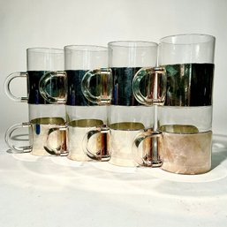 #224 Set Of Eight (8) Vintage Glass And Silver MCM Mugs