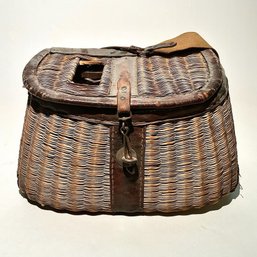#239 Vintage Wicker Fishing Creel With Leather Strap 8.5' X 14'