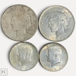 #481 Set Of Four (4) Antique And Vintage Silver U.S. Coins, Kennedy And Peace 79g