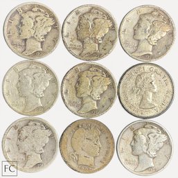 #478 Set Of Nine (9) Antique And Vintage Silver Dimes 22g