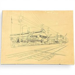 #242 Marlene Rogers Industrial Scene Pen And Ink Drawing 16' X 12'