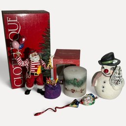 #137 Vintage Possible Dreams 'Clowning Around' Cloth Santa Figurine With A Holiday Candle And Ornament
