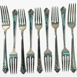 #336 Set Of Nine (9) Vintage Oneida Heirloom Damask Rose Sterling Silver Dinner Forks 409g 7.75'