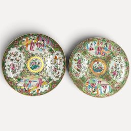 #196 Pair Of Antique Chinese Rose Medallion Export Porcelain Plates #1 8' - 8.25'
