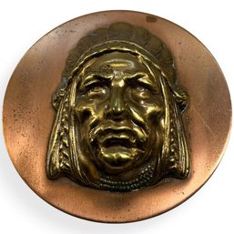 #066 Vintage Brass Native American Chief Face Pin Brooch 2'