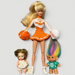 #197 Set Of Three (3) Vintage Toys, UT Cheerleader Barbie, Russ Berrie Lucky Lottery Troll And Pee Wee Doll